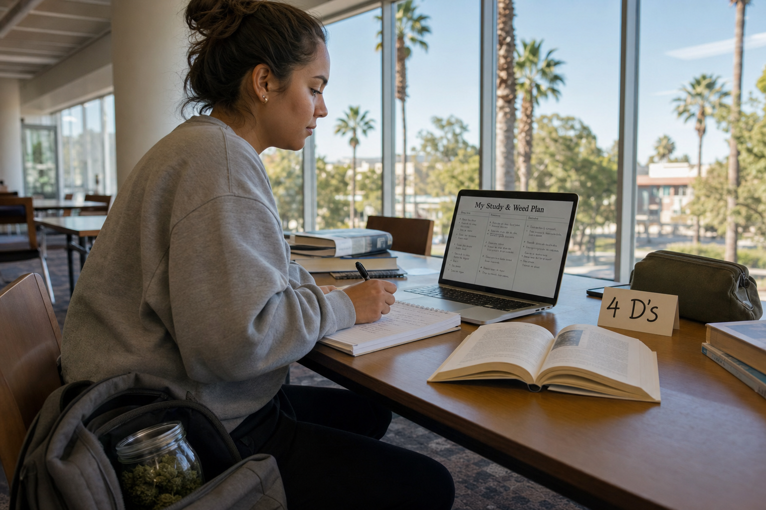 Student Focused on Study and Weed Plan in College Library